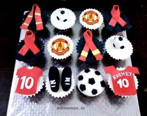 Team logo, scarf, cleats, jersey & football cupcakes